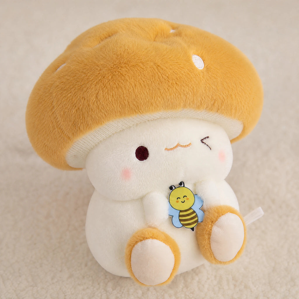 Mushroom Plush Toy with Bee Embroidery and Soft Cap - Détail matière