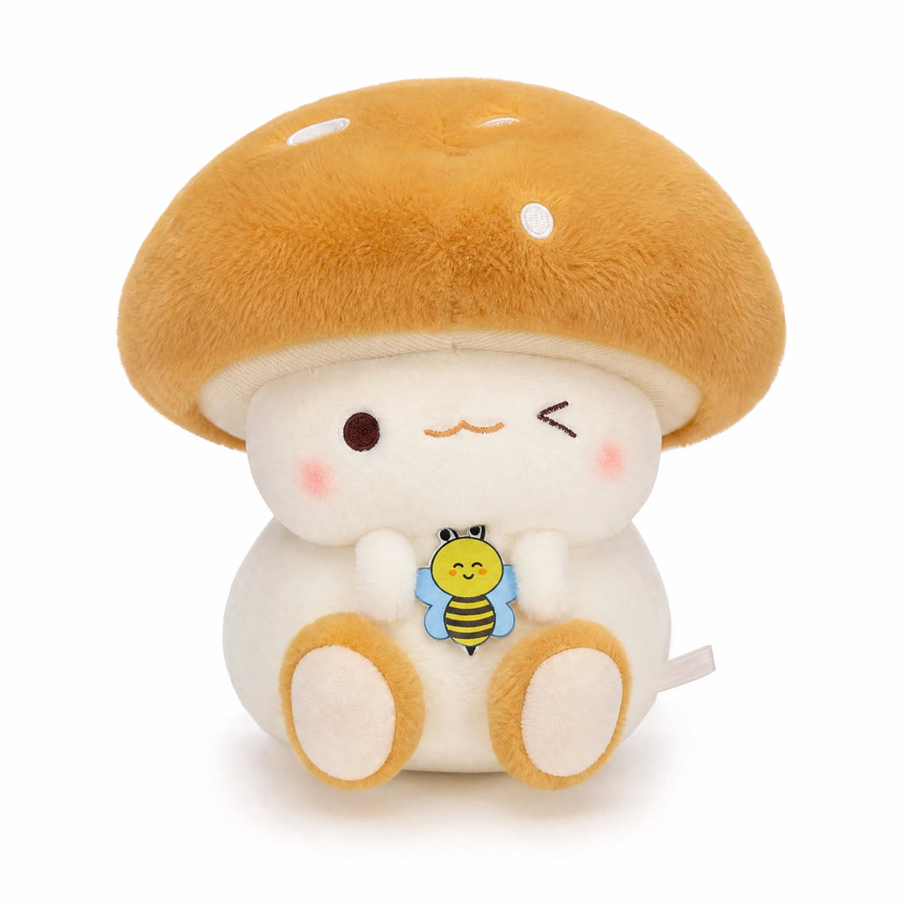 Mushroom Plush Toy with Bee Embroidery and Soft Cap - Fond blanc