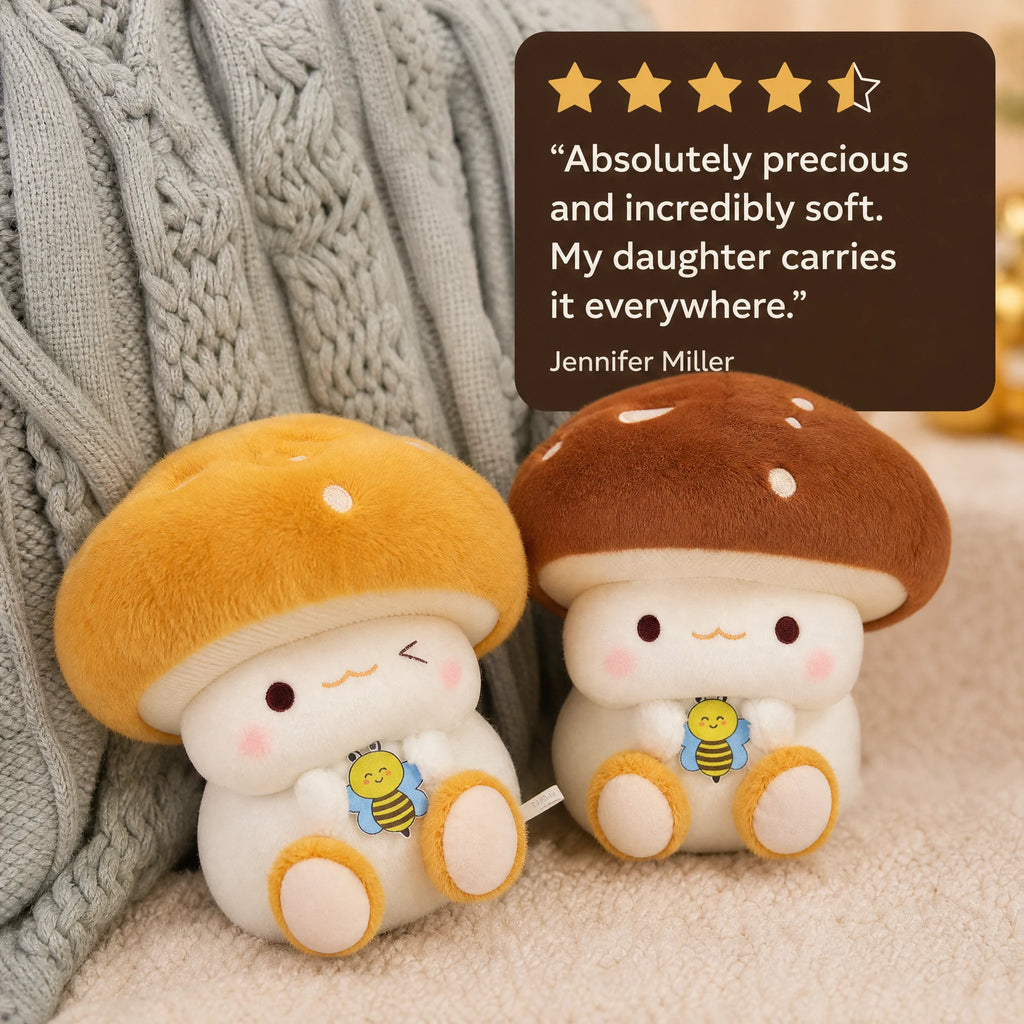 Mushroom Plush Toy with Bee Embroidery and Soft Cap - Image témoignage