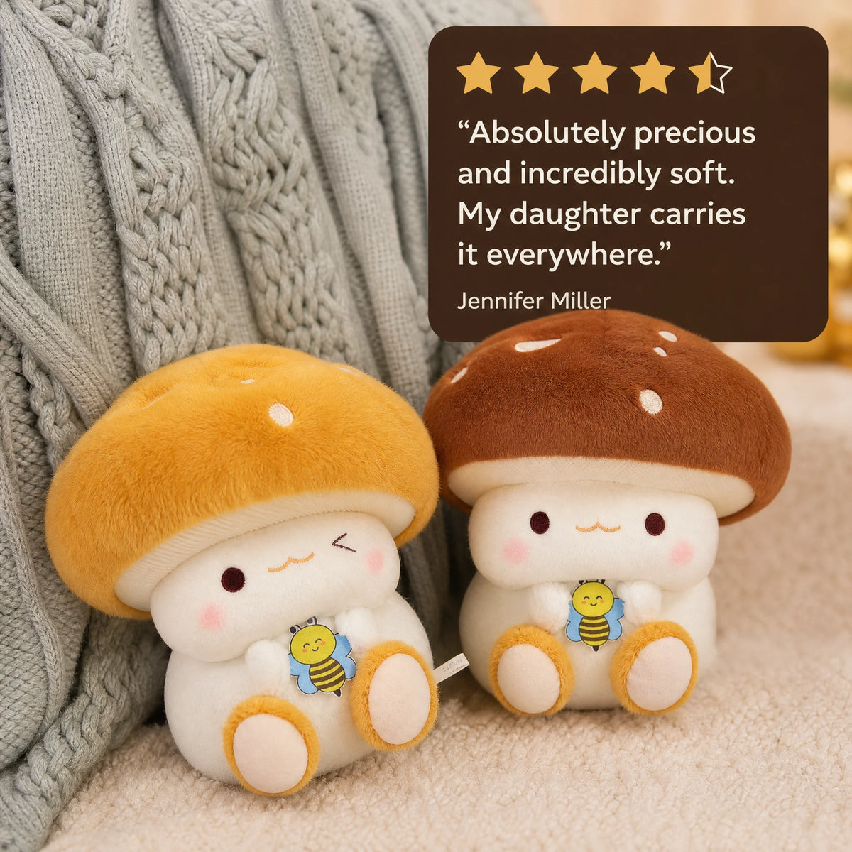 Mushroom Plush Toy with Bee Embroidery and Soft Cap - Image témoignage