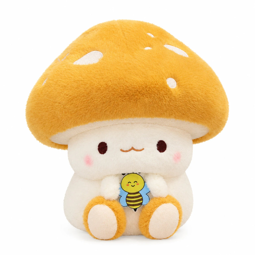 Mushroom Plush Toy with Bee Embroidery and Soft Cap - Yellow Smiling