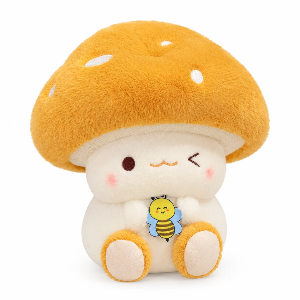 Mushroom Plush Toy with Bee Embroidery and Soft Cap - Yellow Winking