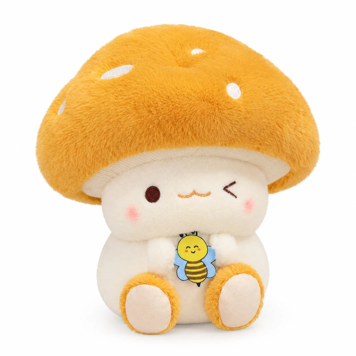Mushroom Plush Toy with Bee Embroidery and Soft Cap - Yellow Winking