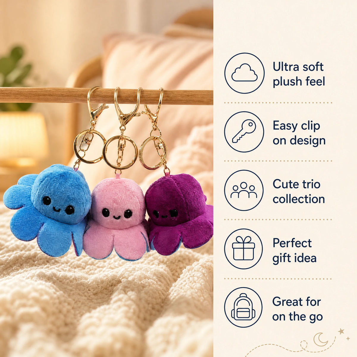 Octopus Plush Keychain Reversible 10cm with Dual Expression - Bénéfices produit