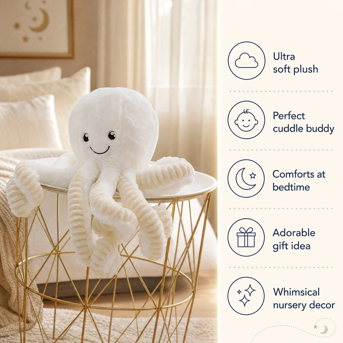 Octopus Plush Toy with Textured Tentacles White - Bénéfices produit