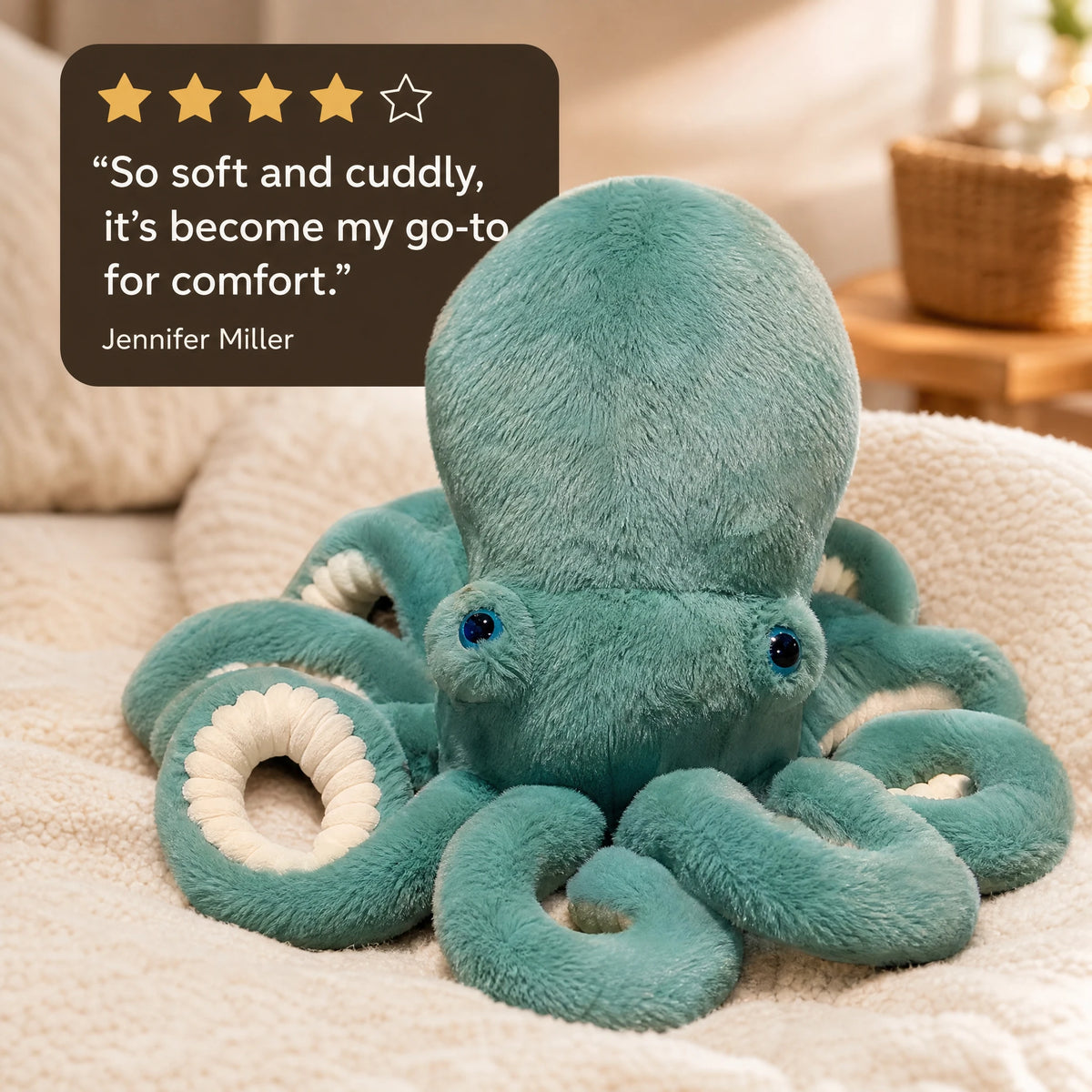 Octopus Plush with Textured Tentacles and Embroidered Eyes - Image témoignage