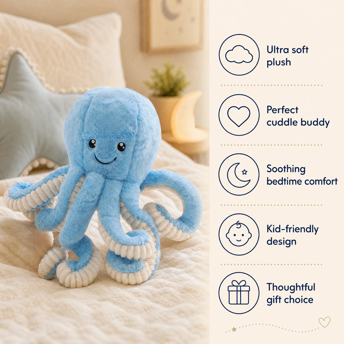 Octopus Plush with Textured Tentacles - Bénéfices produit