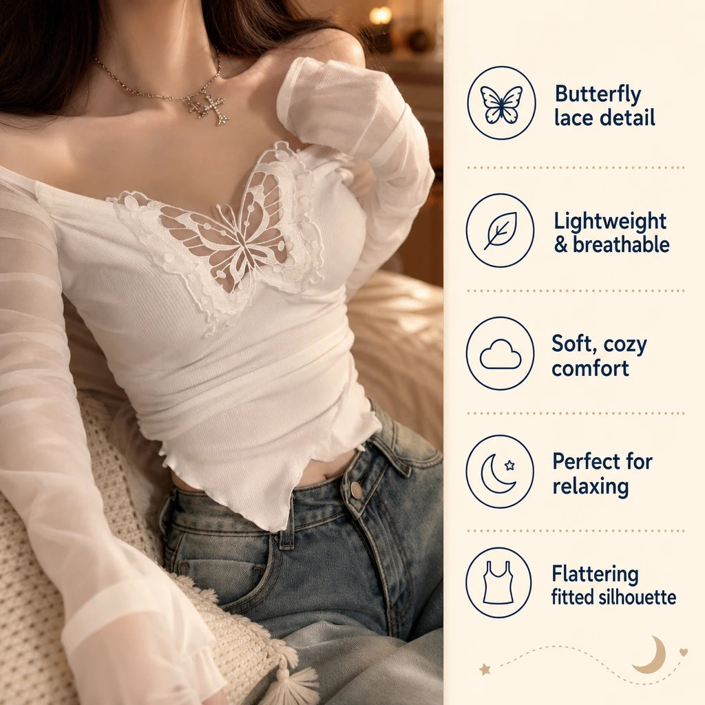 Off Shoulder Butterfly Top with Mesh Long Sleeves - Bénéfices produit