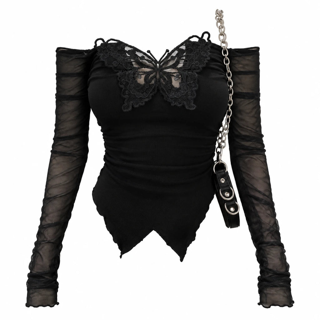 Off Shoulder Butterfly Top with Mesh Long Sleeves - Black / S · Black / M · Black / L