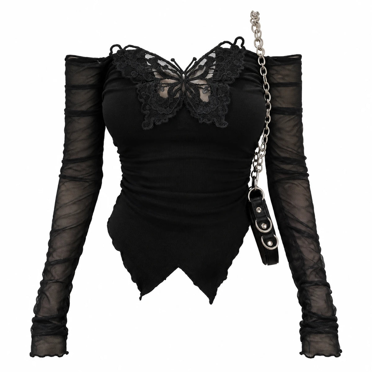 Off Shoulder Butterfly Top with Mesh Long Sleeves - Black / S · Black / M · Black / L