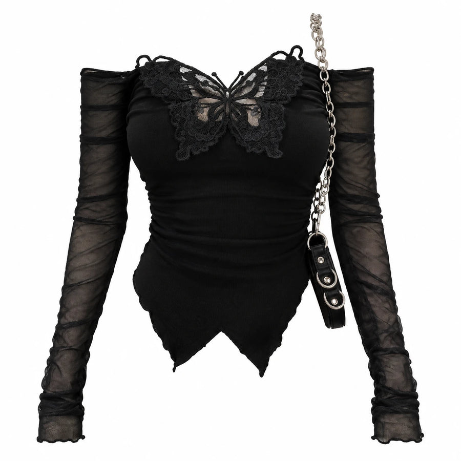 Off Shoulder Butterfly Top with Mesh Long Sleeves - Black / S · Black / M · Black / L