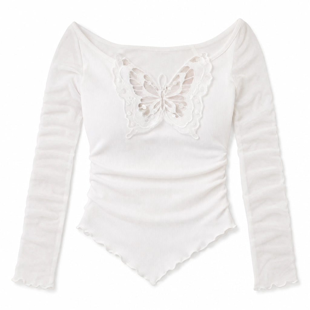 Off Shoulder Butterfly Top with Mesh Long Sleeves - Fond blanc