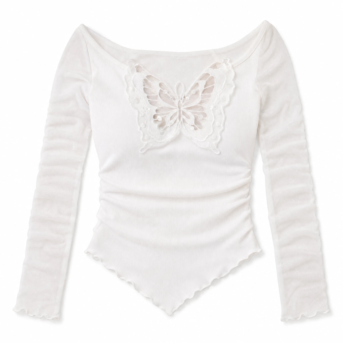 Off Shoulder Butterfly Top with Mesh Long Sleeves - Fond blanc
