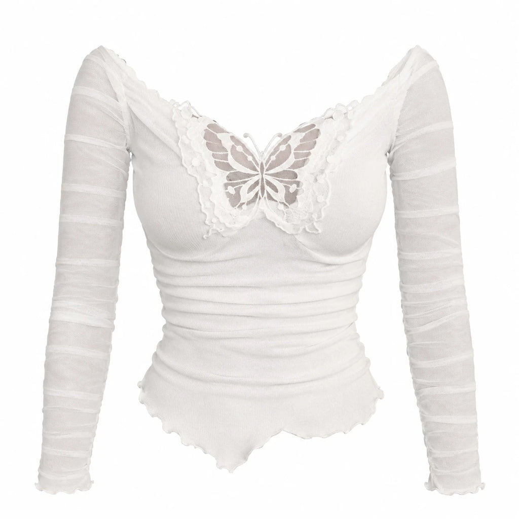 Off Shoulder Butterfly Top with Mesh Long Sleeves - White / S · White / M · White / L