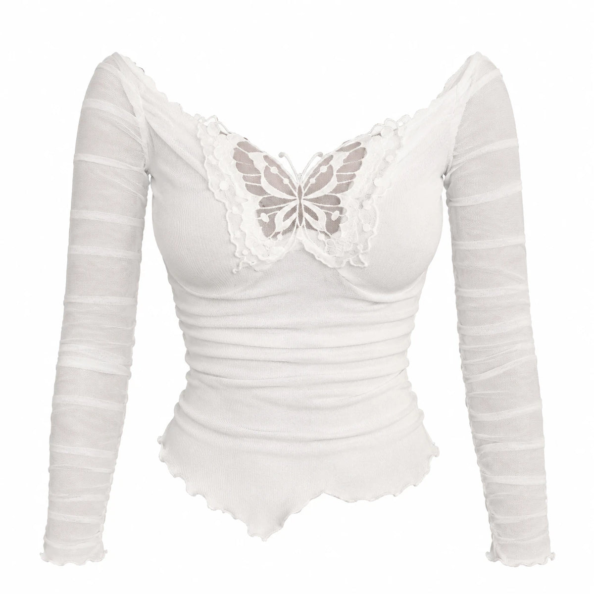 Off Shoulder Butterfly Top with Mesh Long Sleeves - White / S · White / M · White / L