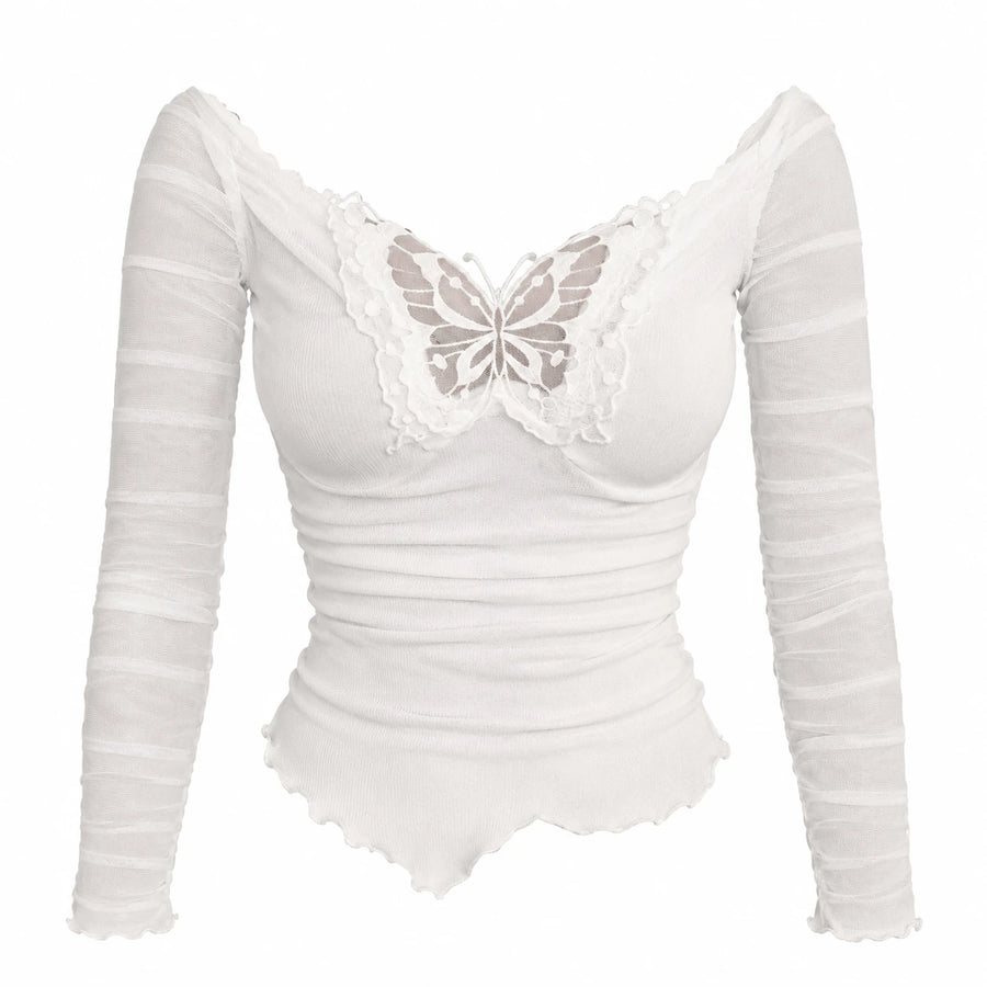 Off Shoulder Butterfly Top with Mesh Long Sleeves - White / S · White / M · White / L