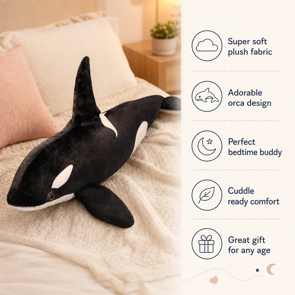 Orca Plush in Realistic Black and White Design - Bénéfices produit