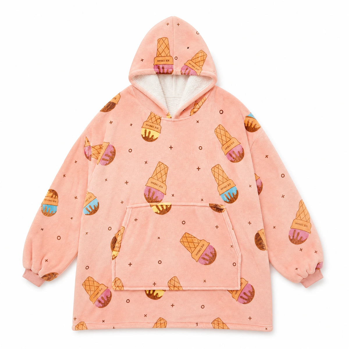 Oversized Blanket Hoodie with Ice Cream Print in Coral - Fond blanc