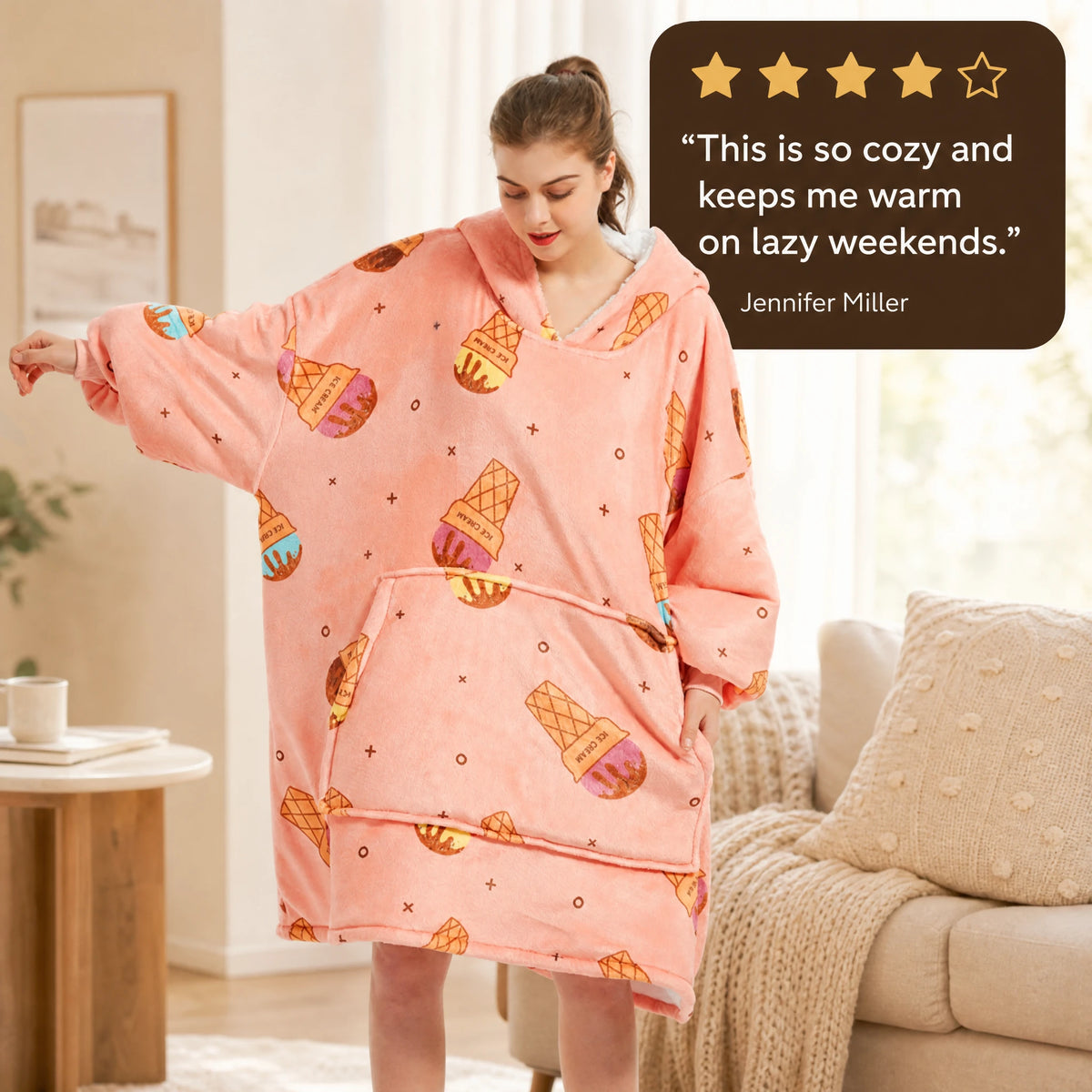 Oversized Blanket Hoodie with Ice Cream Print in Coral - Image témoignage