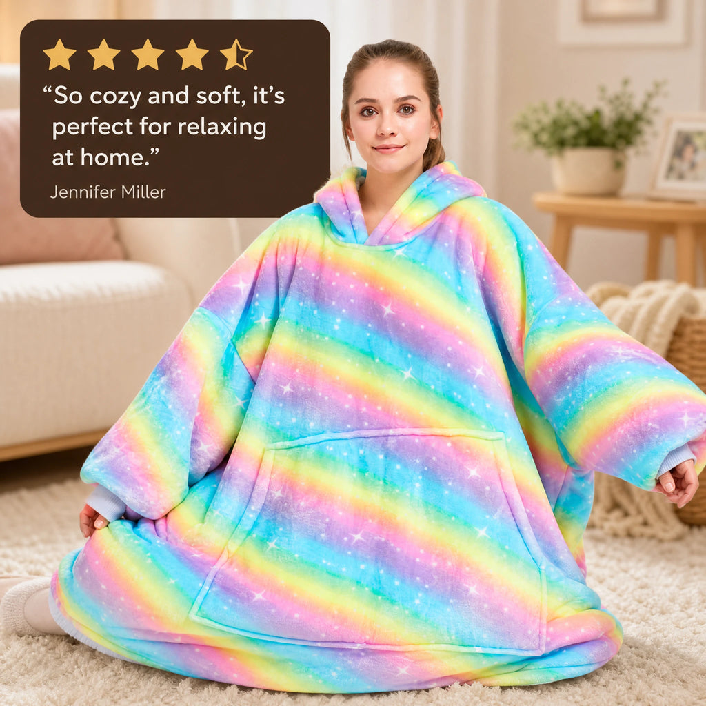 Oversized Blanket Hoodie with Rainbow Galaxy Print - Image témoignage