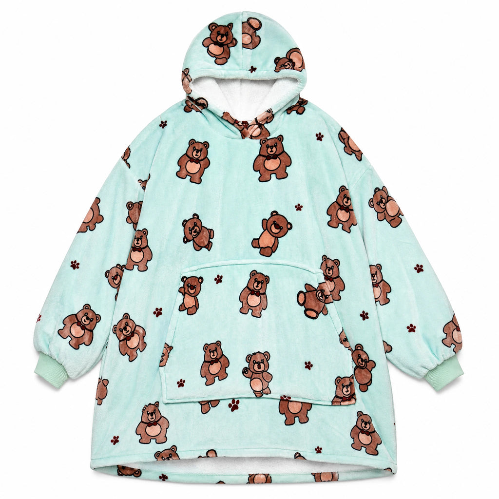 Oversized Blanket Hoodie with Teddy Bear Print in Mint - Fond blanc
