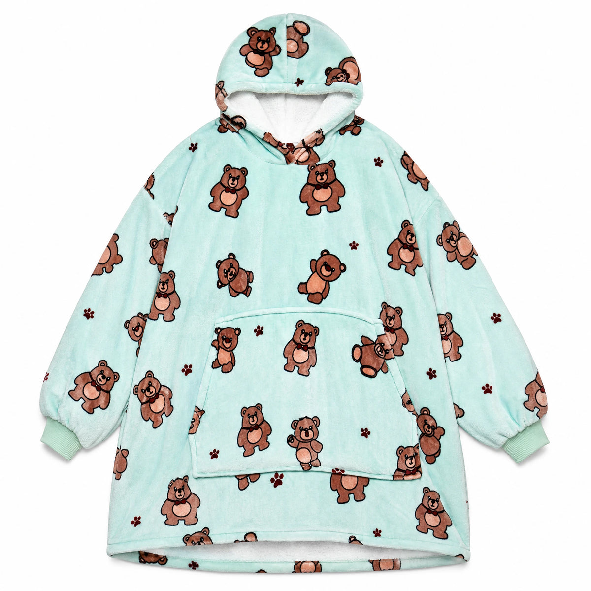 Oversized Blanket Hoodie with Teddy Bear Print in Mint - Fond blanc