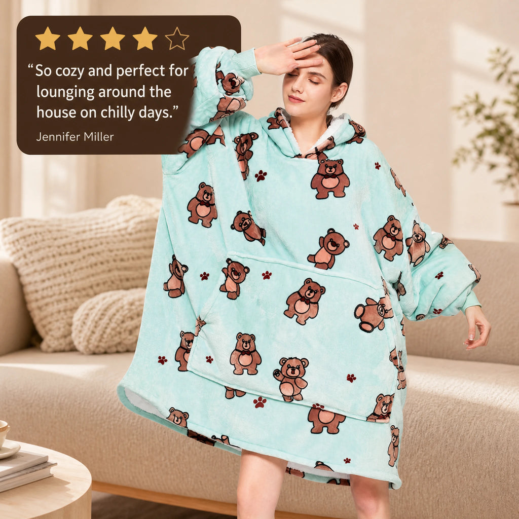 Oversized Blanket Hoodie with Teddy Bear Print in Mint - Image témoignage