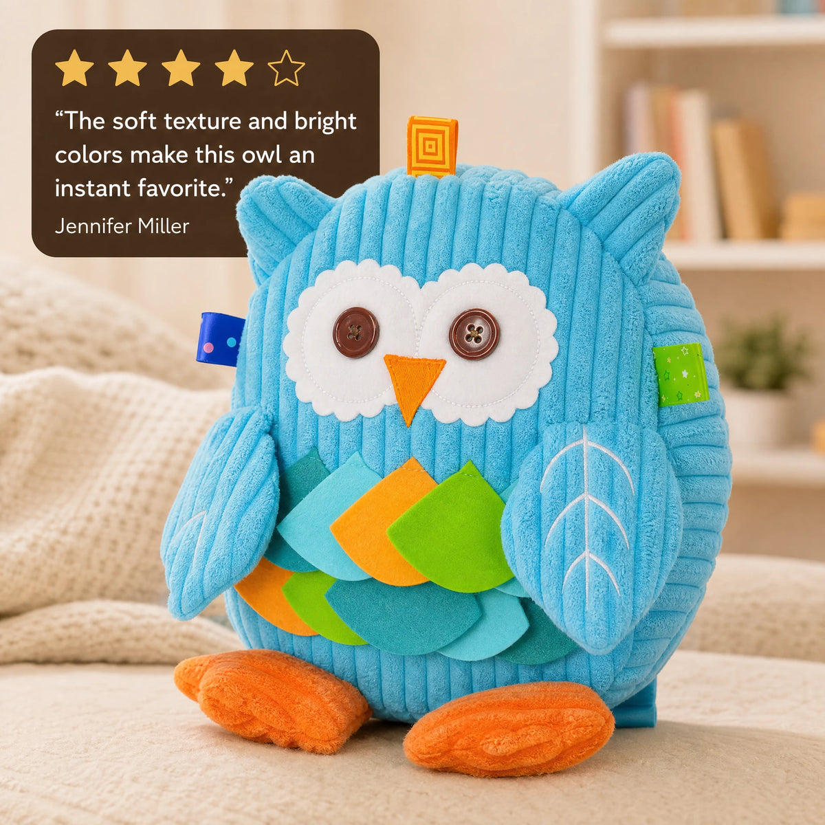 Owl Plush Backpack with Textured Corduroy Fabric - Image témoignage