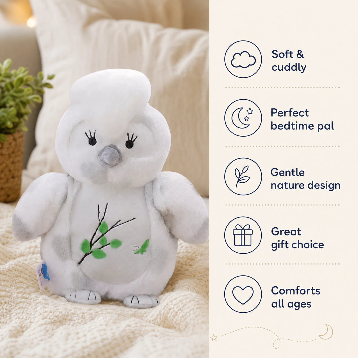 Owl Plush with Embroidered Branch Design - Bénéfices produit