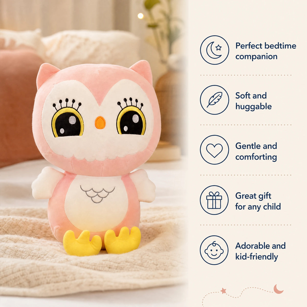 Owl Plush with Kawaii Design in Soft Pink - Bénéfices produit