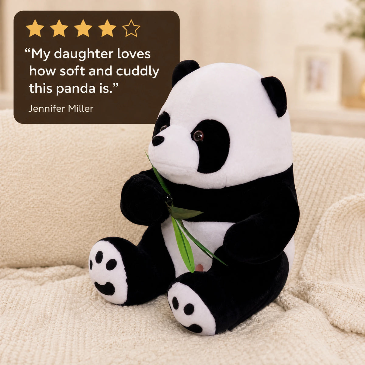 Panda Plush with Bamboo Leaves and Sitting Pose - Image témoignage