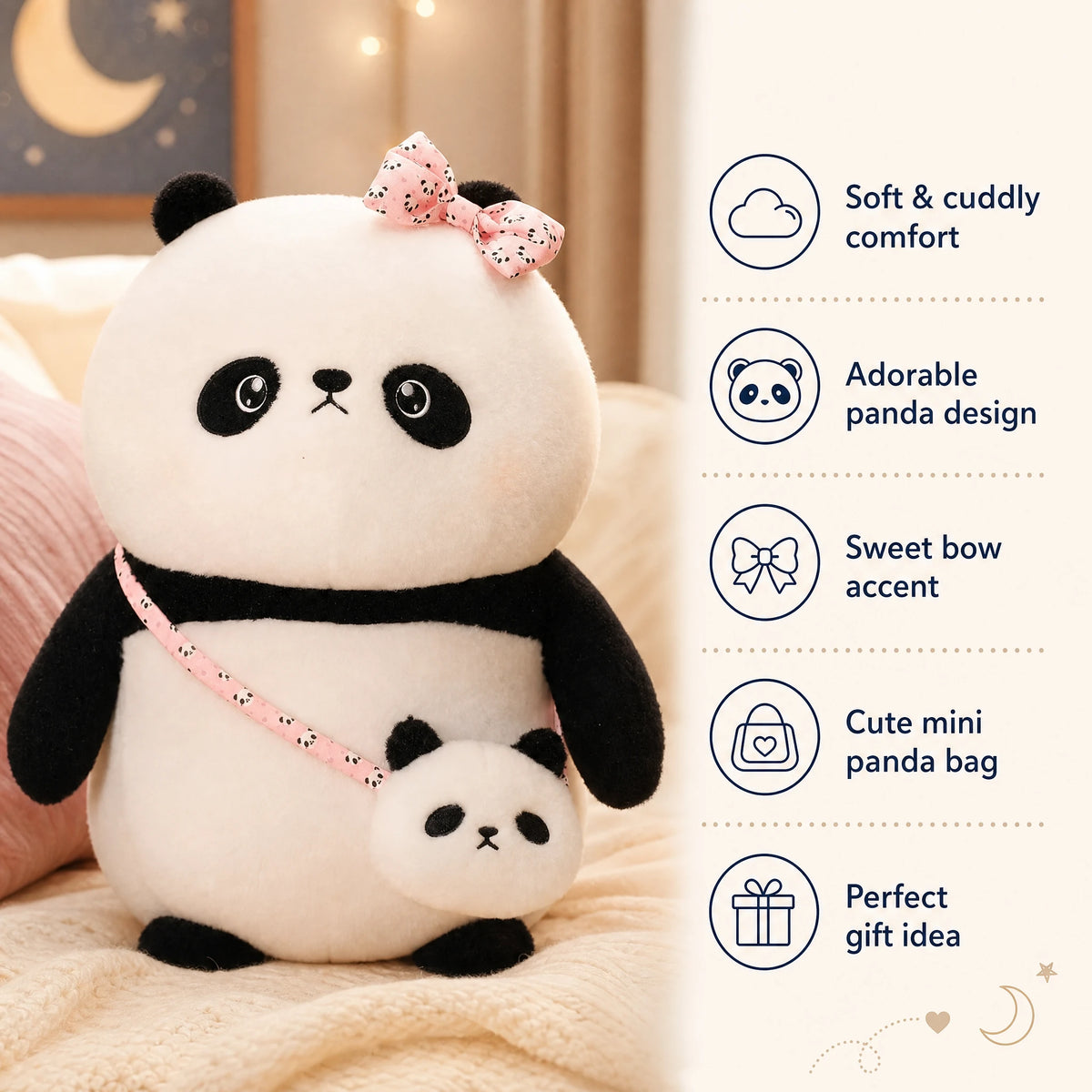 Panda Plush with Pink Bow and Baby Panda Bag - Bénéfices produit