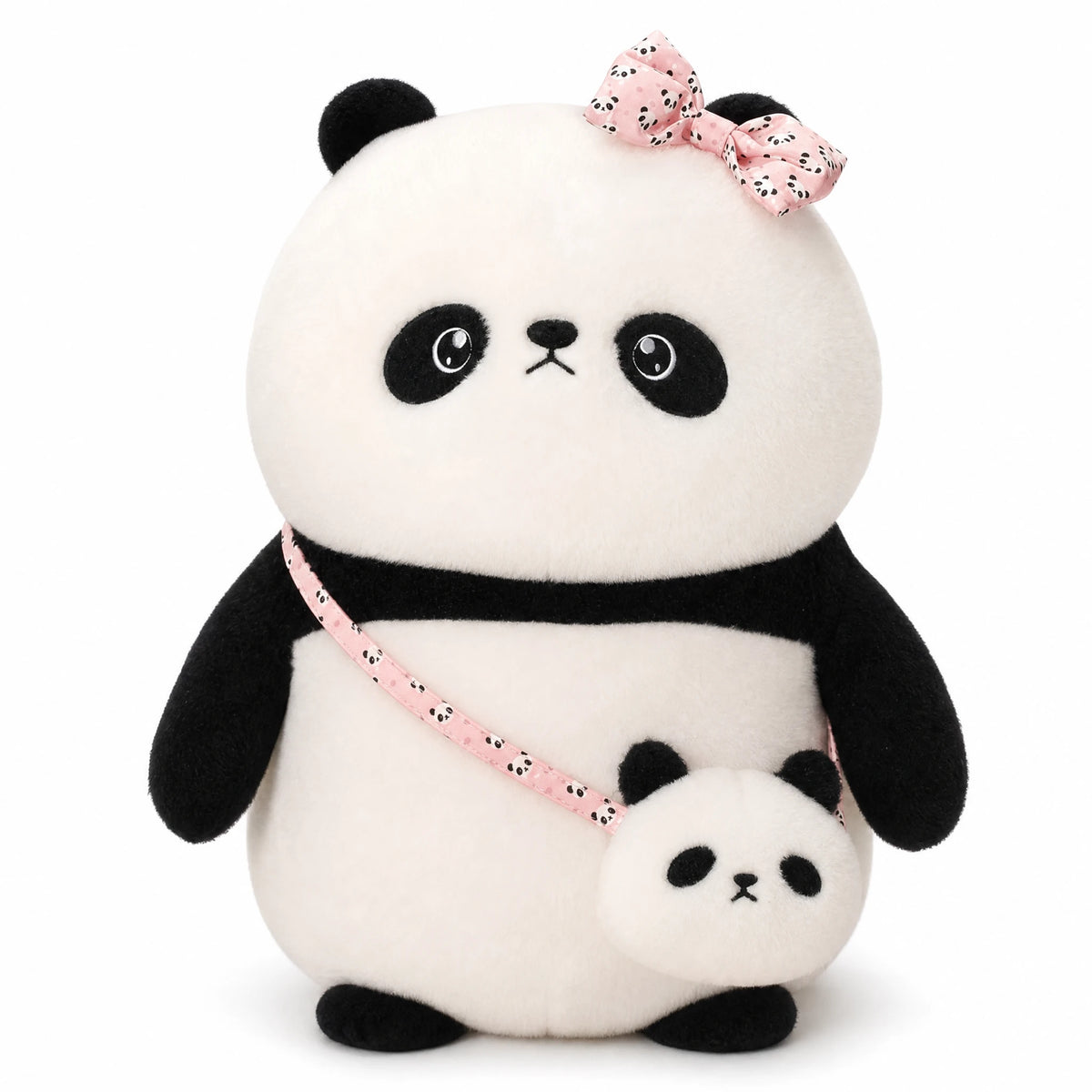 Panda Plush with Pink Bow and Baby Panda Bag - Fond blanc