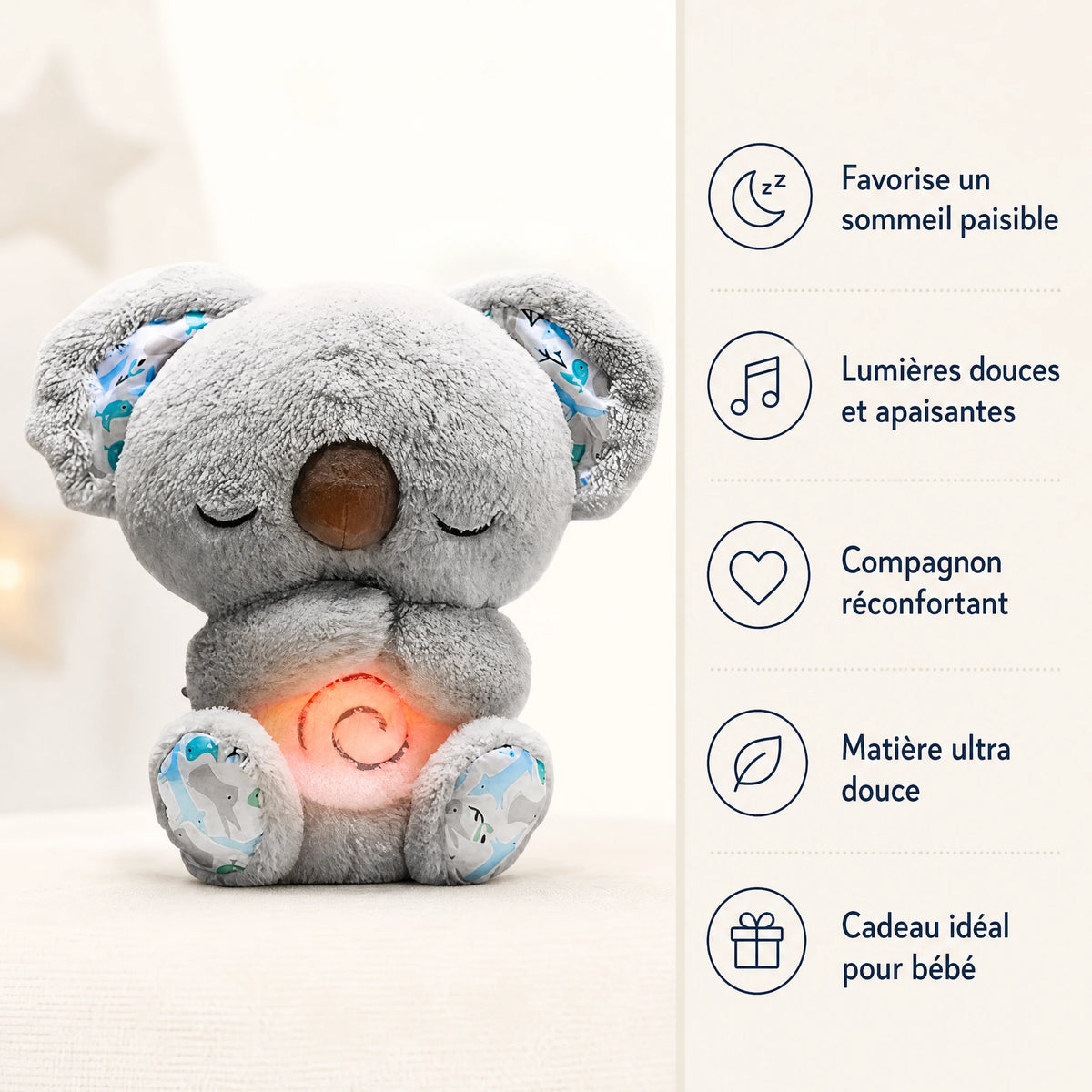 Peluche koala qui respire avec berceuse apaisante - Bénéfices produit