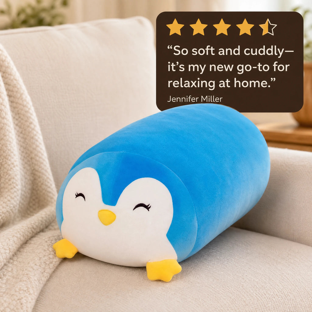 Penguin Plush Pillow with Soft Blue and White Design - Image témoignage
