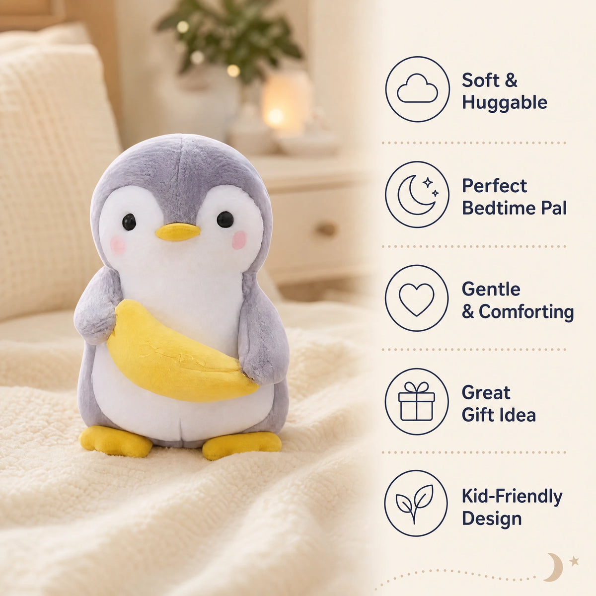 Penguin Plush Toy with Banana – Soft Huggable Friend - Bénéfices produit