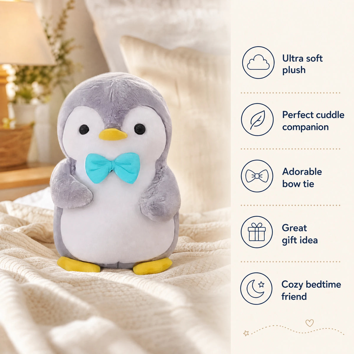Penguin Plush with Bow Tie and Soft Gray Fabric - Bénéfices produit