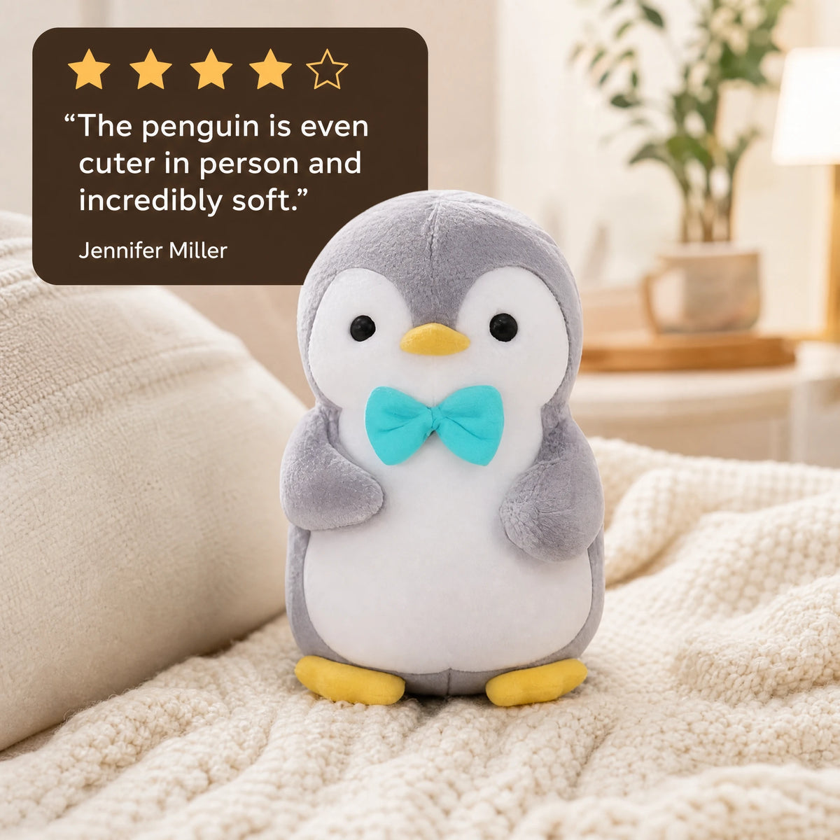 Penguin Plush with Bow Tie and Soft Gray Fabric - Image témoignage