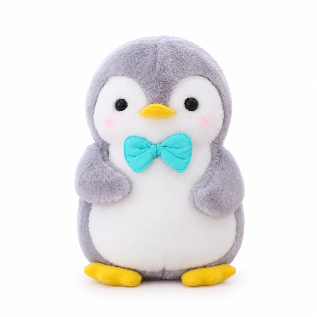 Penguin Plush with Fruit Accessories and Soft Gray Fabric - 10in / 25cm / Blue Bow · 18in / 45cm / Blue Bow