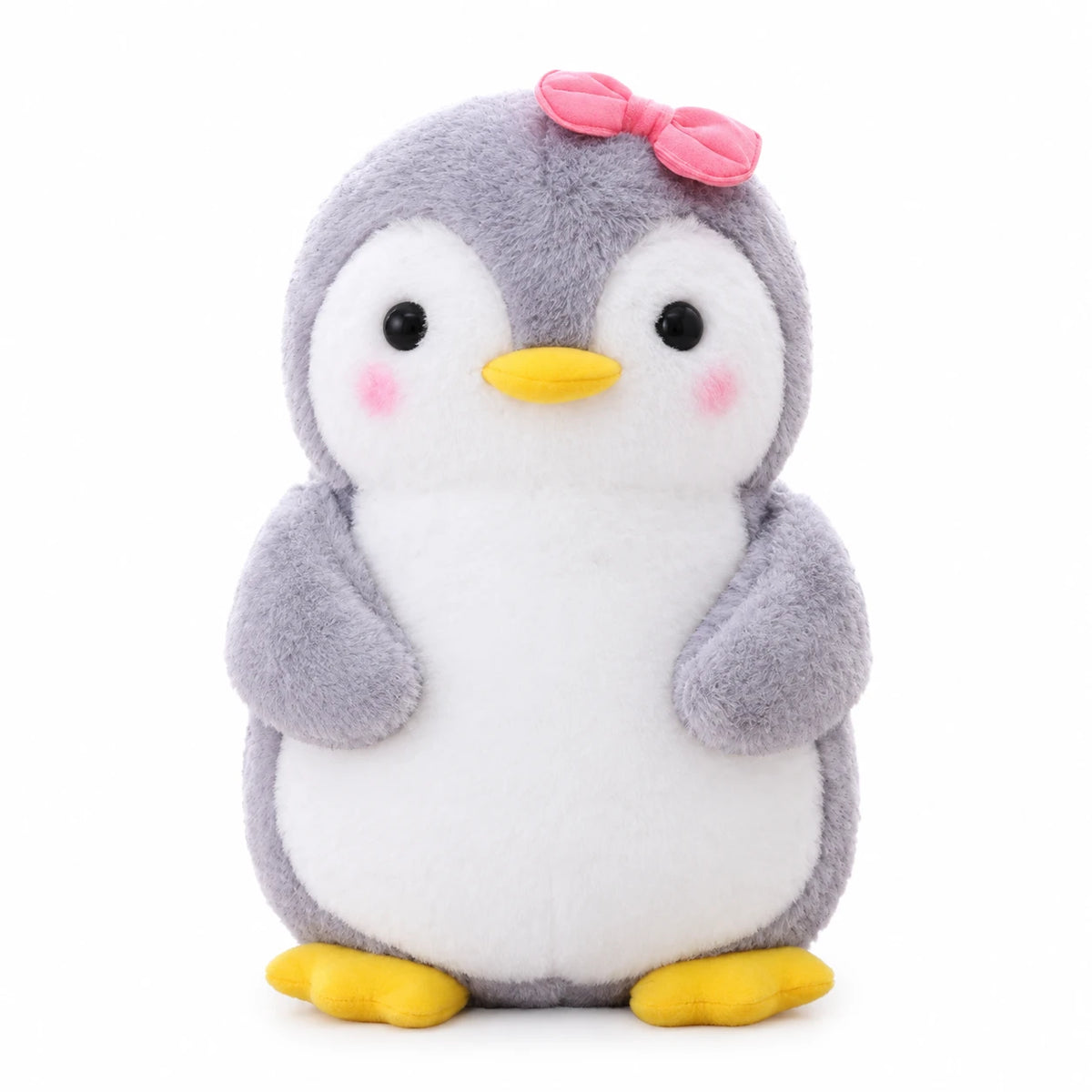 Penguin Plush with Fruit Accessories and Soft Gray Fabric - 10in / 25cm / Pink Bow · 18in / 45cm / Pink Bow