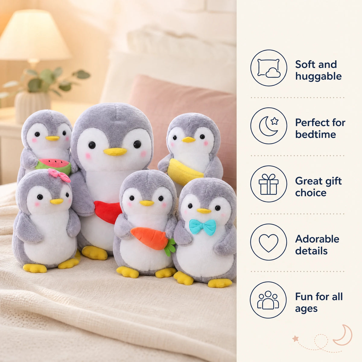 Penguin Plush with Fruit Accessories and Soft Gray Fabric - Bénéfices produit