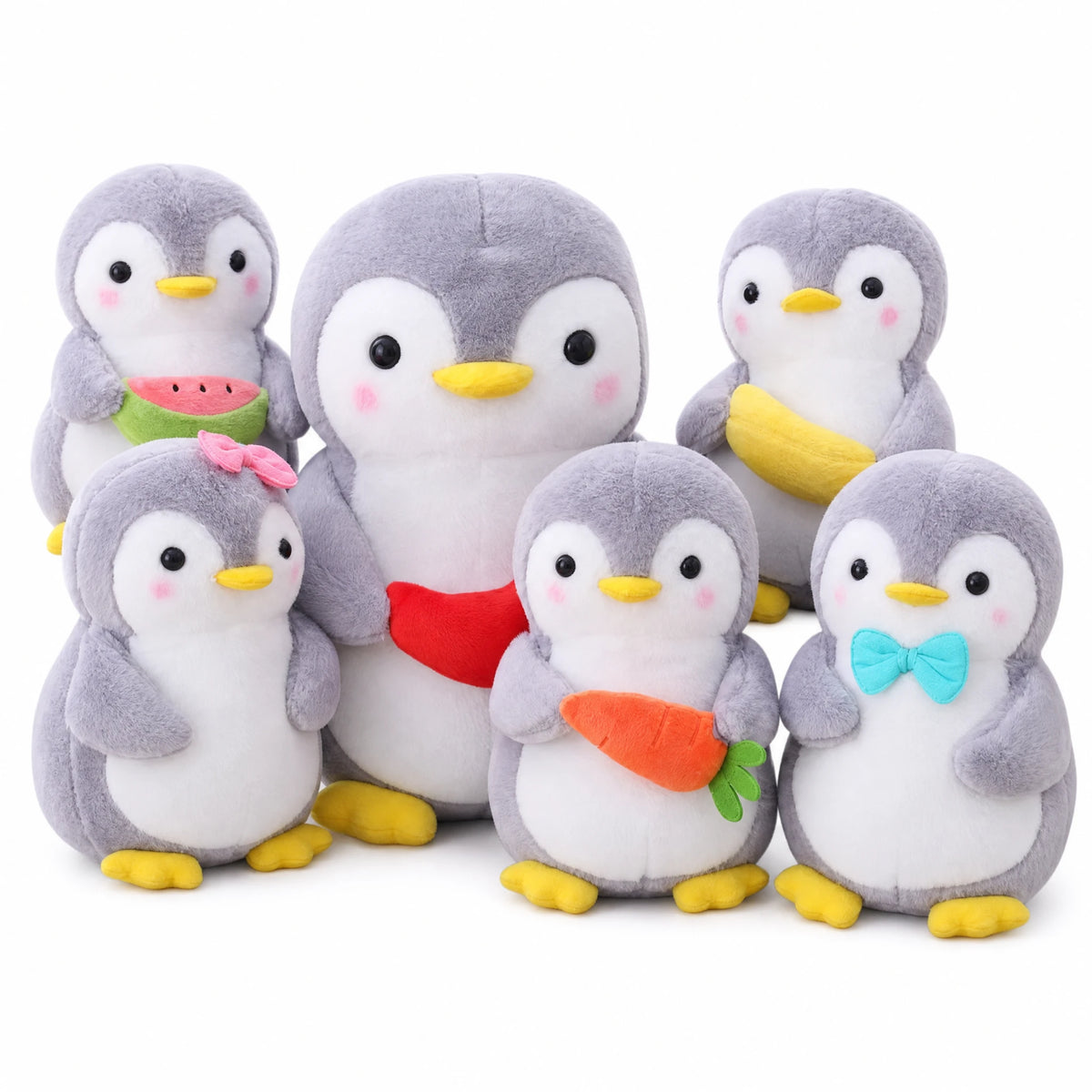 Penguin Plush with Fruit Accessories and Soft Gray Fabric - Fond blanc
