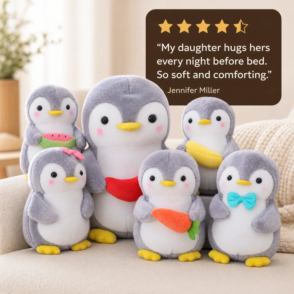 Penguin Plush with Fruit Accessories and Soft Gray Fabric - Image témoignage