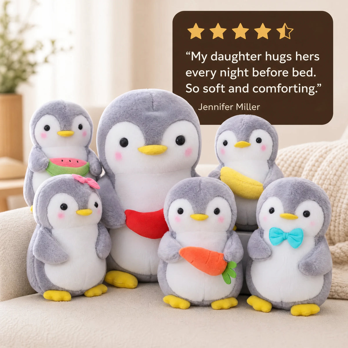 Penguin Plush with Fruit Accessories and Soft Gray Fabric - Image témoignage