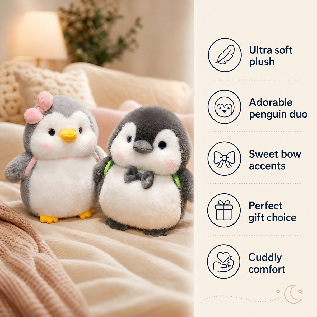 Penguin Plush with Pink Bow and Gray Backpack - Bénéfices produit
