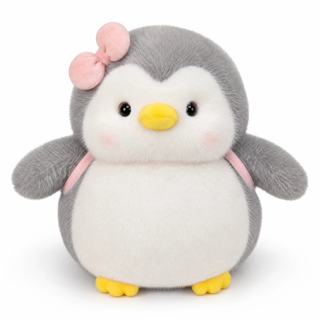 Penguin Plush with Pink Bow and Gray Backpack - Fond blanc