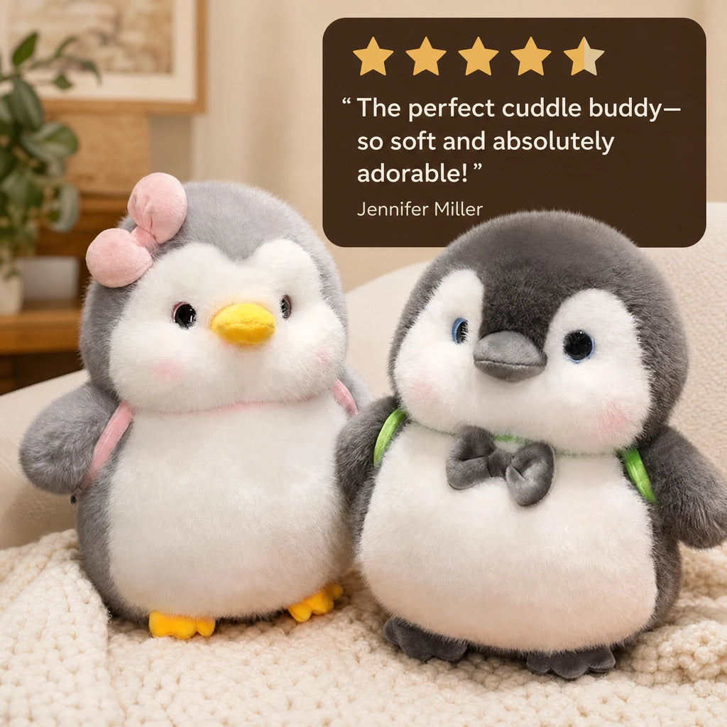 Penguin Plush with Pink Bow and Gray Backpack - Image témoignage