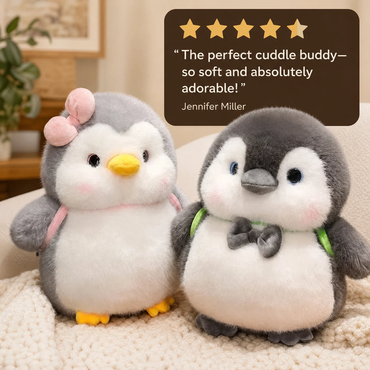 Penguin Plush with Pink Bow and Gray Backpack - Image témoignage