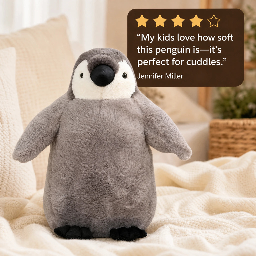 Penguin Plush with Soft Gray Coat and Black Beak - Image témoignage