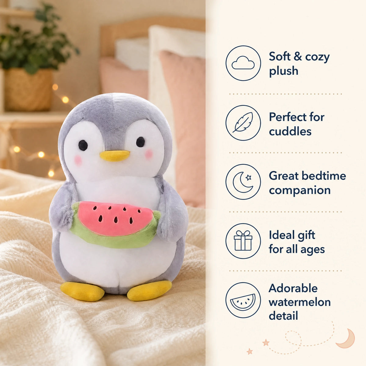 Penguin Plush with Watermelon and Rosy Cheeks - Bénéfices produit